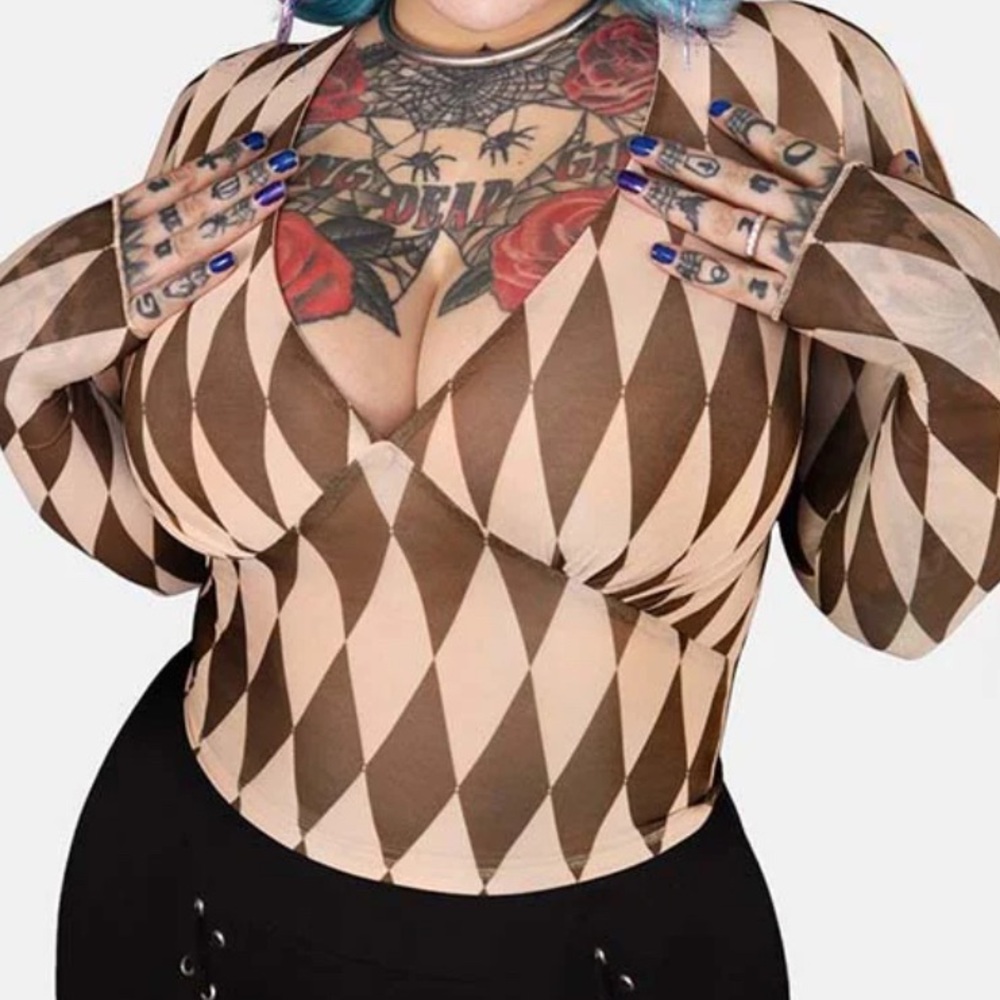 Brown Harlequin Diamond Pattern Crop Top XL / 2XL